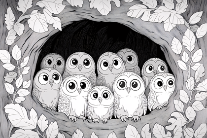 Owls Family in Tree Hollow Illustration