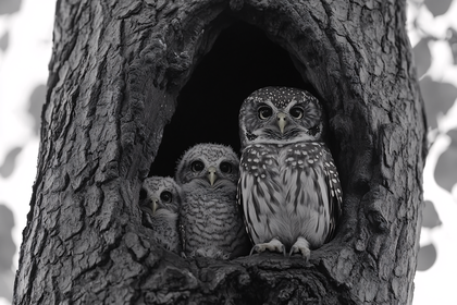 Owls In Tree Hollow