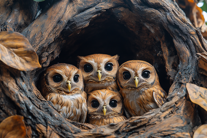 Owls In Tree Hollow