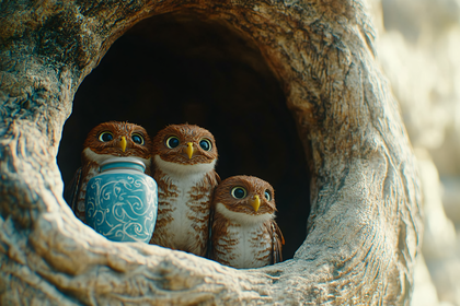 Owls In Tree Hollow