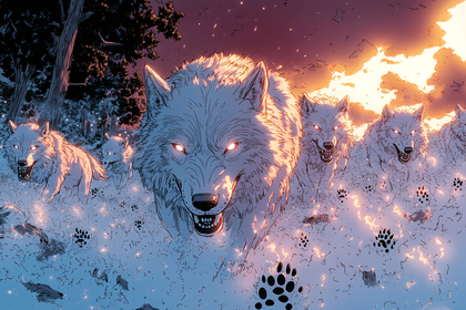 Pack Of Fiery-Eyed Wolves In Snow