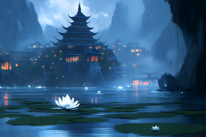 Pagoda at Night With Lotus Flowers
