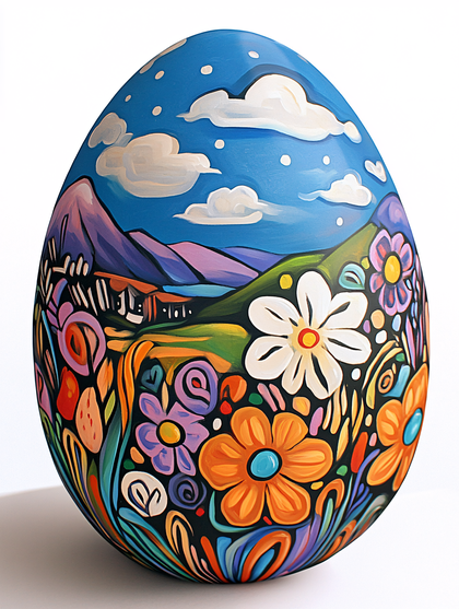 Painted Easter Egg with Floral Landscape