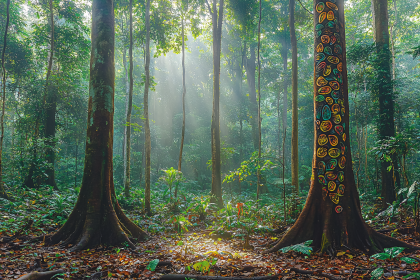 Painted Tree in Misty Jungle