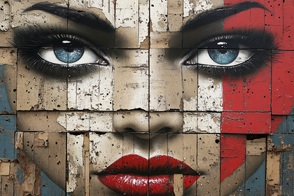 Painted Woman Portrait on Weathered Wood