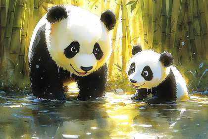 Panda Cubs in Bamboo Forest Water