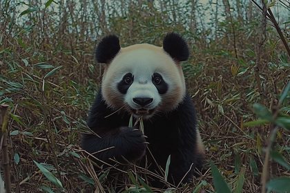 Panda Enjoying Bamboo Meal In Forest
