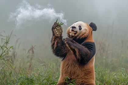 Panda Exhaling Steam in Misty Field