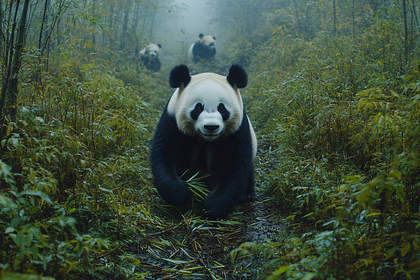 Panda Family In Bamboo Forest