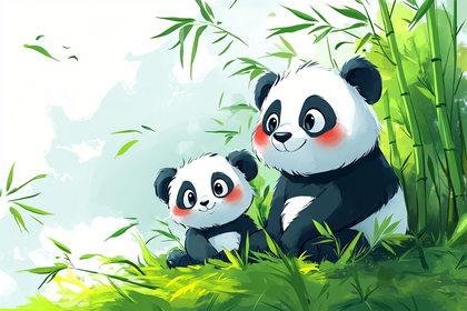 Panda Family in Bamboo Forest