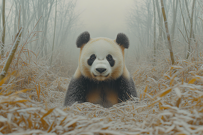 Panda in Snowy Bamboo Forest