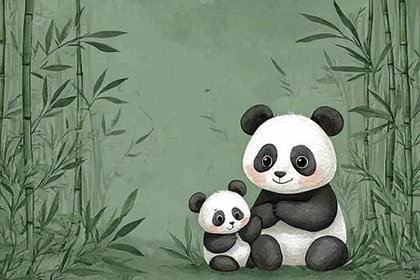 Panda Mother and Cub In Bamboo Forest