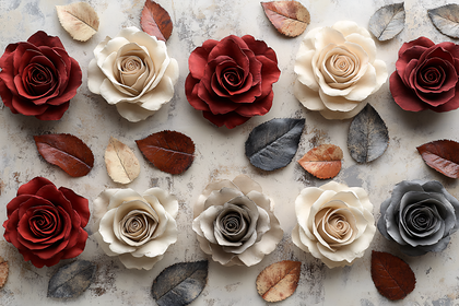 Paper Roses and Leaves Flat Lay