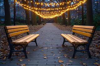 Park Path with String Lights and Benches