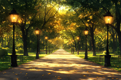 Park Path With Vintage Street Lamps