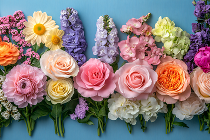 Pastel Floral Arrangement on Blue Background