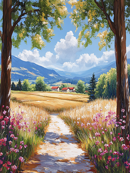 Path Through Golden Field to Distant Mountains