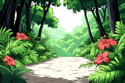 Path Through Jungle with Hibiscus