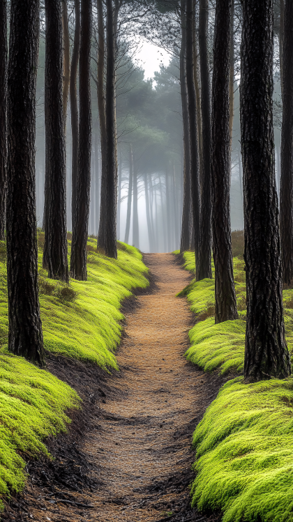 Pathway Through Foggy Forest