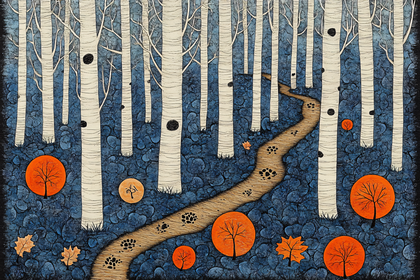 Paw Print Trail Through Birch Forest