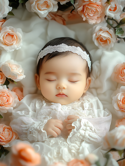 Peaceful Baby Girl Sleeping Among Roses