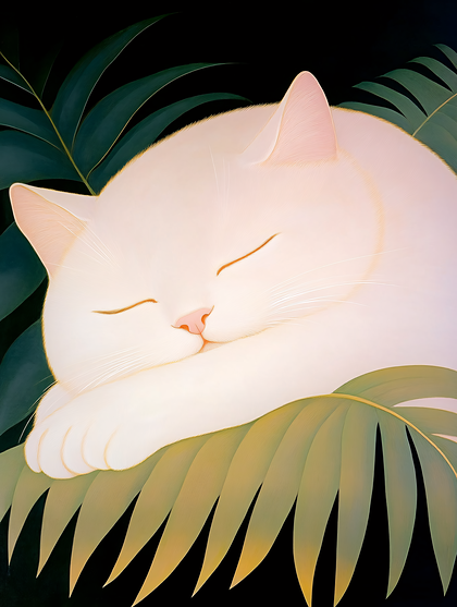 Peaceful White Cat Sleeping Amidst Leaves