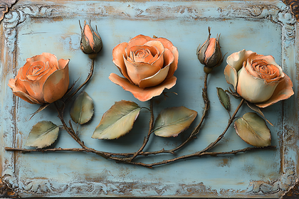 Peach Roses On Rustic Blue Panel