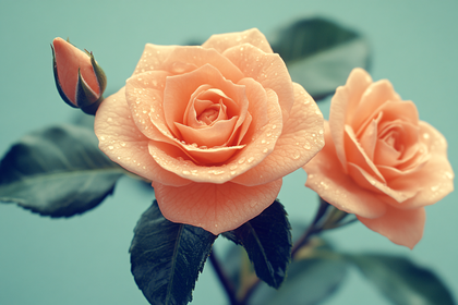 Peach Roses with Water Droplets