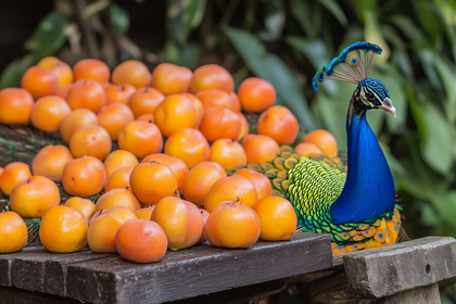 Peacock and Orange Fruits