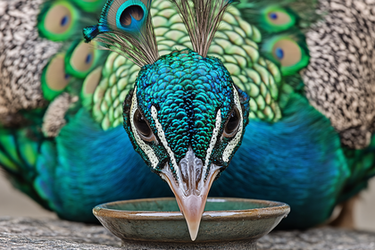 Peacock Drinking Water Close-Up