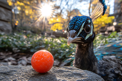 Peacock Gazing at Orange Ball
