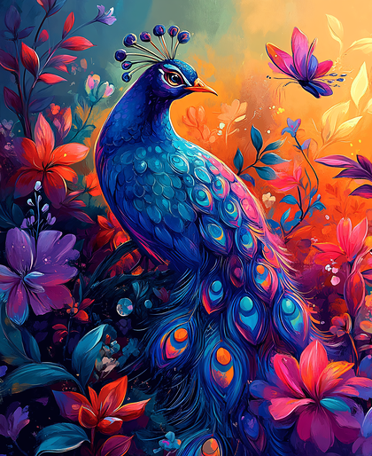 Peacock In Floral Garden
