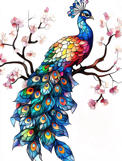 Peacock on Cherry Blossoms