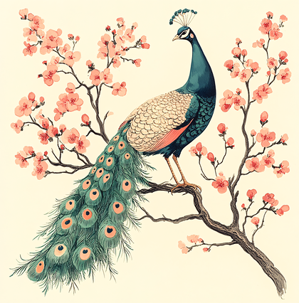 Peacock Perched On Cherry Blossom Branch