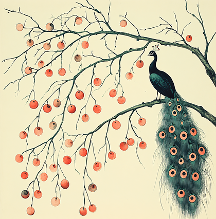 Peacock Perched On Cherry Tree