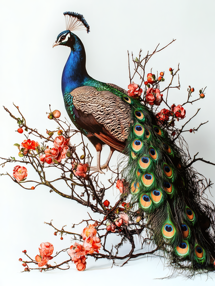Peacock Perched on Flowering Branch