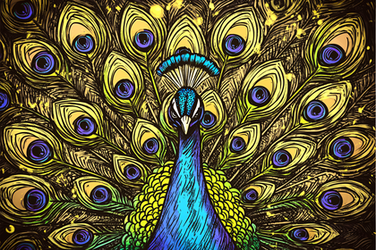 Stunning Peacock with Open Tail Feathers Illustration