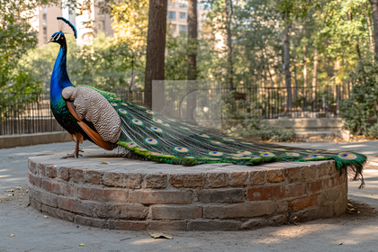 Peacock Standing On Brick Platform