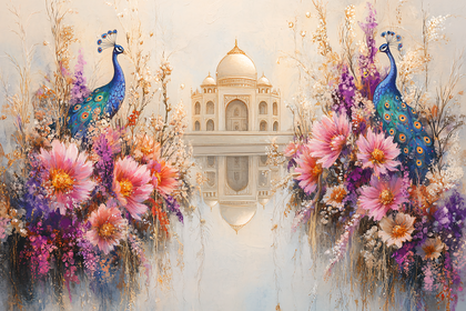 Peacocks And Taj Mahal Floral Serenity