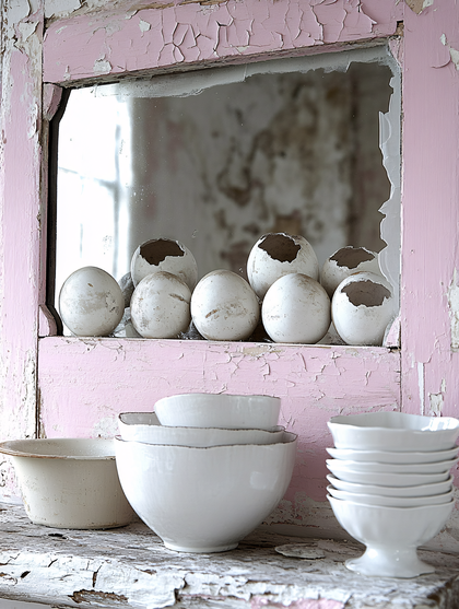 Peeling Pink Frame with Eggshells and White Bowls
