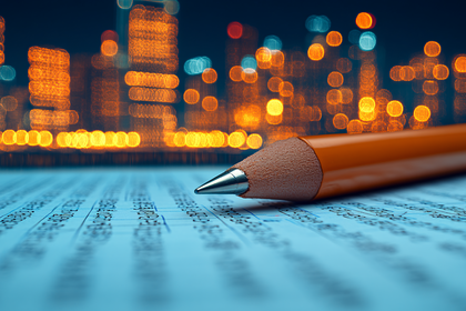 Pencil on Financial Data with City Bokeh Background