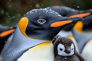 Penguin Parent with Chick in Snow