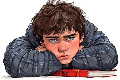 Pensive Boy With Freckles Leaning On Book