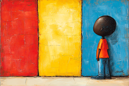 Pensive Child By Colorful Wall