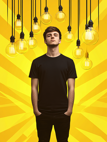 Pensive Man Under Light Bulbs