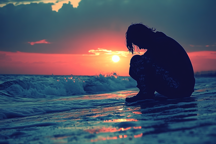 Pensive Silhouette At Sunset Beach
