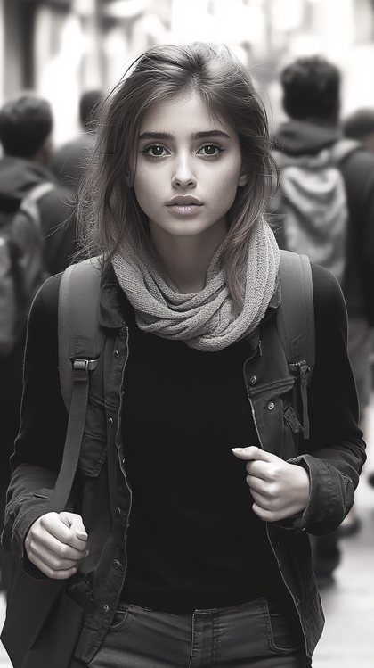 Pensive Woman in City Crowd