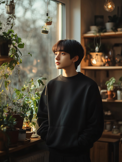 Pensive Young Adult Gazing Out Window Surrounded by Indoor Plants