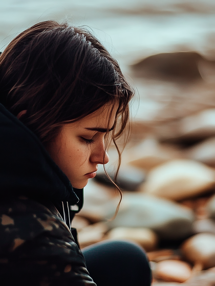 Pensive Young Woman by the Shore