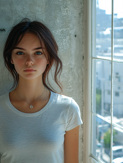Pensive Young Woman with Freckles by Window
